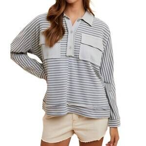 NEW KNIT & LOUNGE patch pockets striped button top in grey